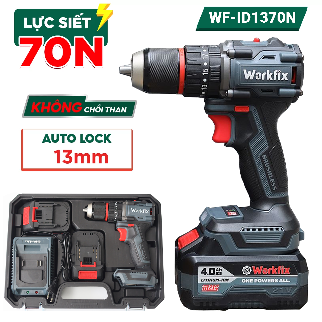 Máy khoan pin Workfix WF-ID1370N (70N.m) - Đầu kẹp 13mm, 2 Pin 10 Cell